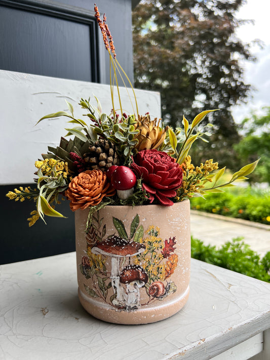 Fall Fairy Forest Delight: Sola Wood Flower Arrangement in a Whimsical Mushroom-Painted Vase