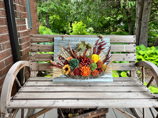 Pumpkin Harvest Delight: Metal Frame with Sola Wood Flowers in a Festive Fall Pumpkin Design