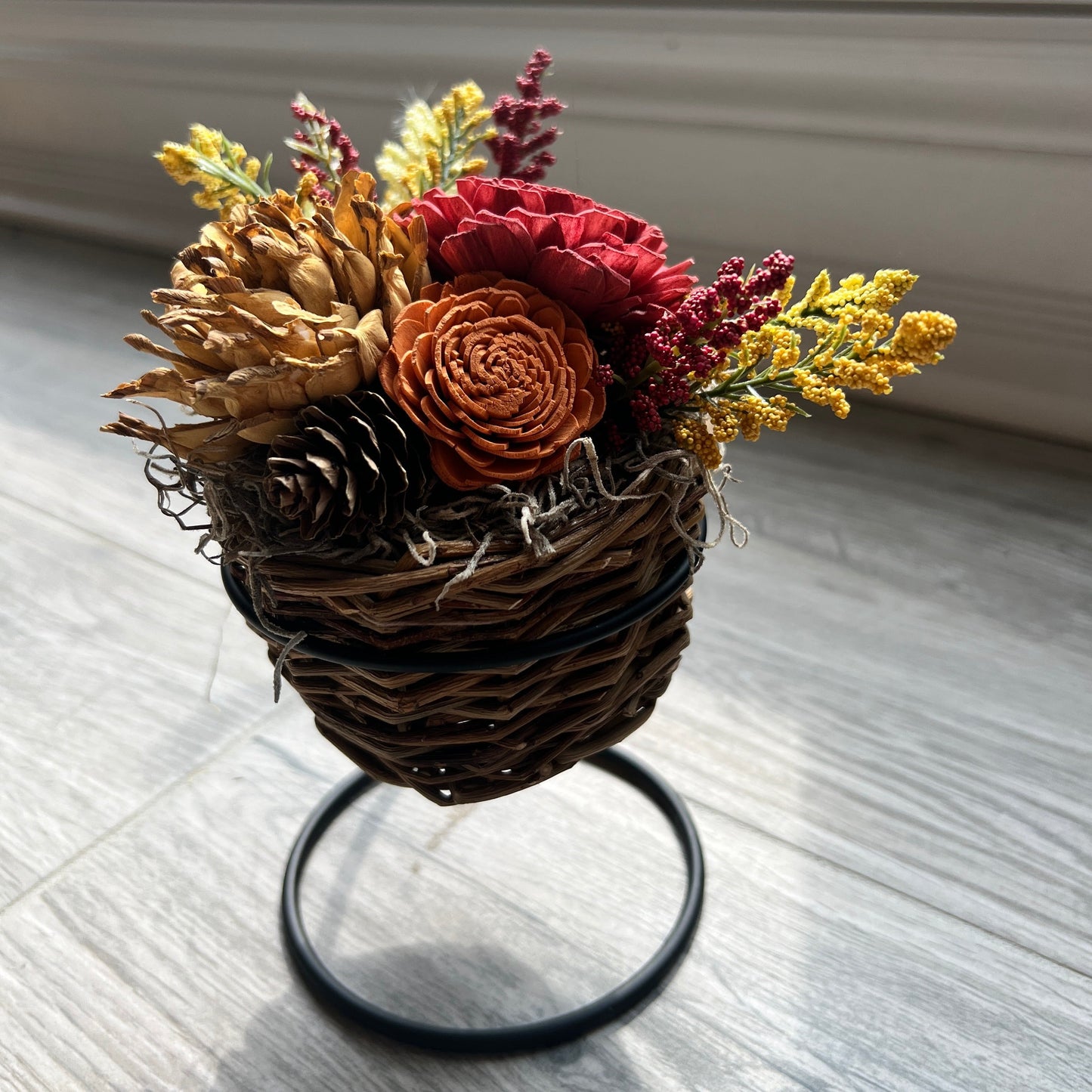 Radiant Harvest Hues: Sola Wood Flower Basket with Fall Blooms