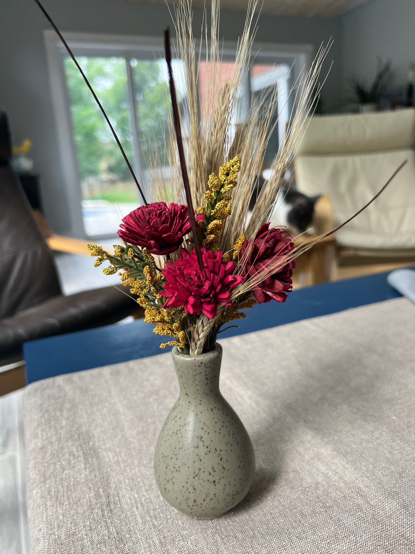 Autumn Embrace: Sola Wood Flower Small Vase with Red Blooms and Wheat Accents