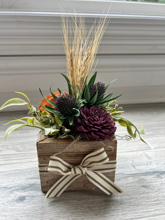 Autumn Symphony: Sola Wood Flower Box with Orange, Purple Blooms, and Wheat Accents