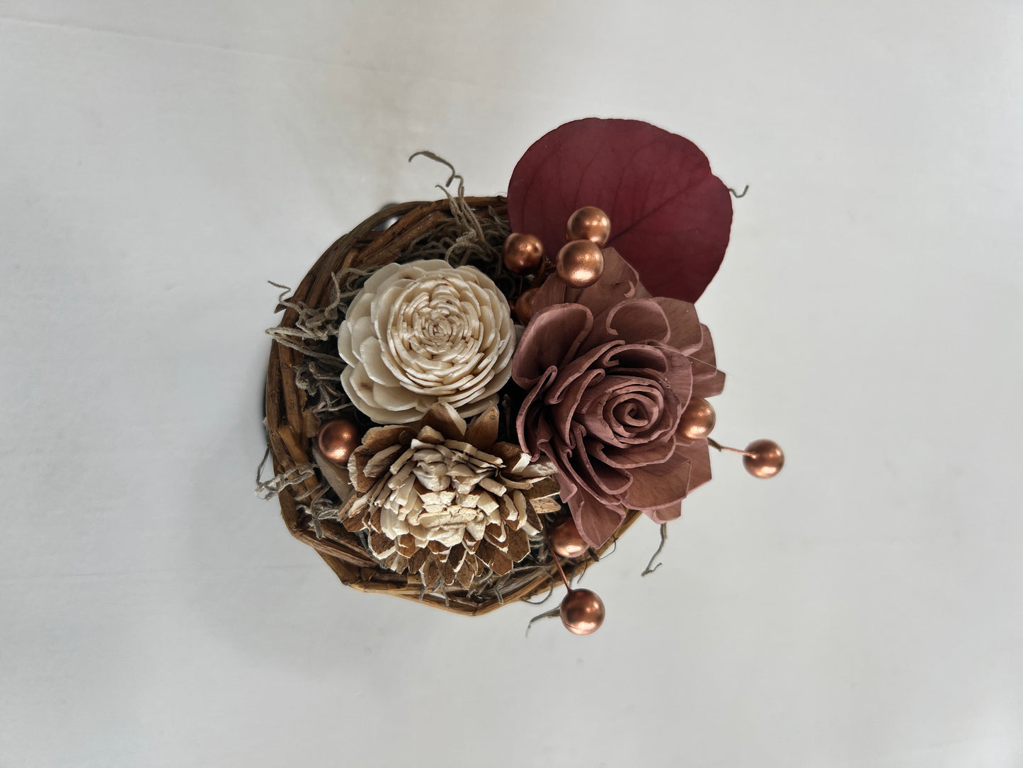 Golden Autumn Treasure: Sola Wood Flower Basket with Pink and Red Blooms