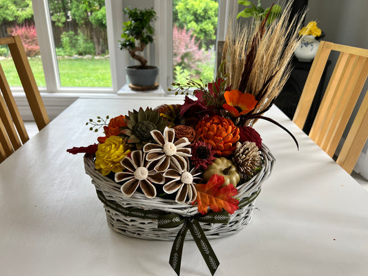 Harvest Splendor: Sola Wood Flower Basket with Pumpkin Accents