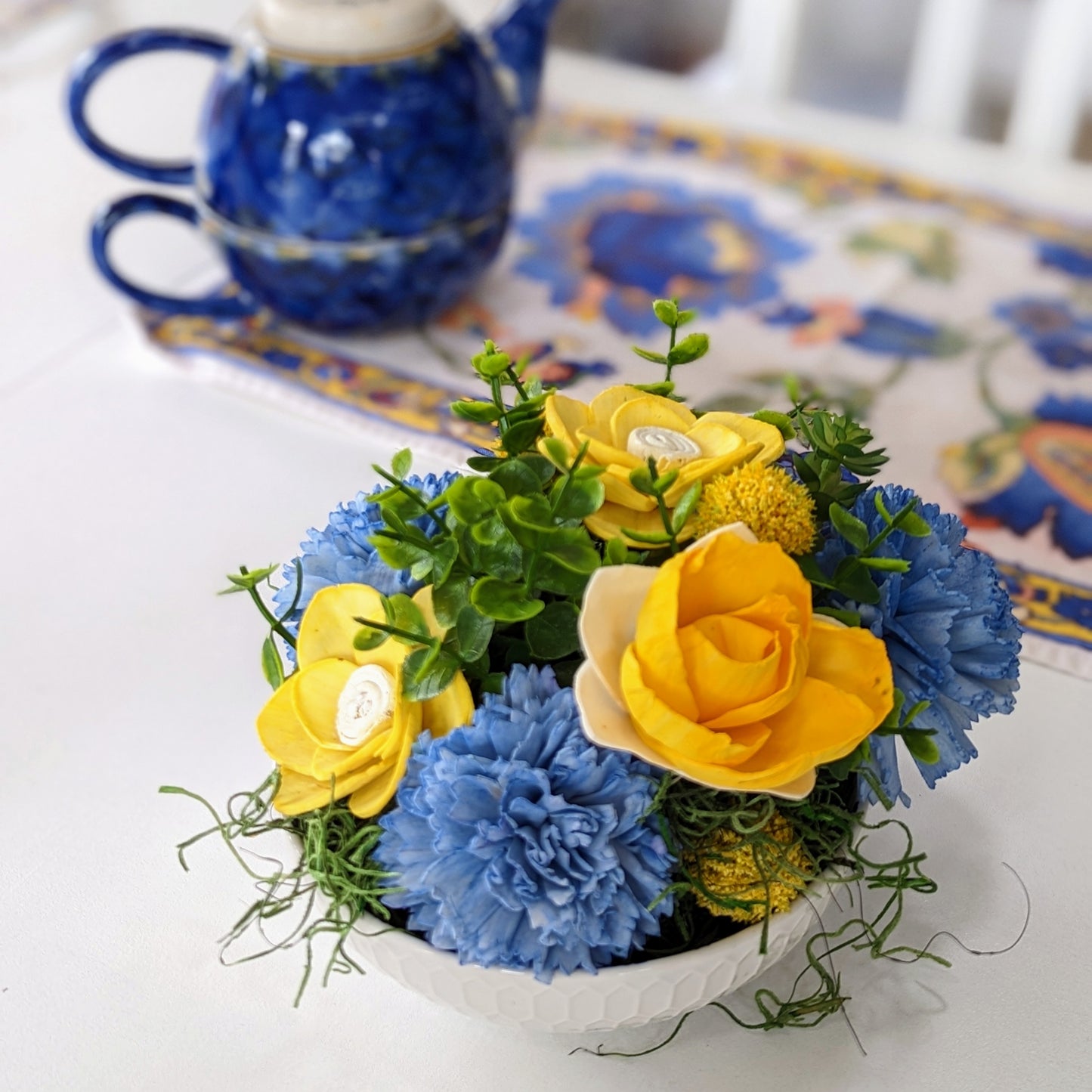 Vibrant Sola Wood Flowers: Blue and Yellow Centrepiece