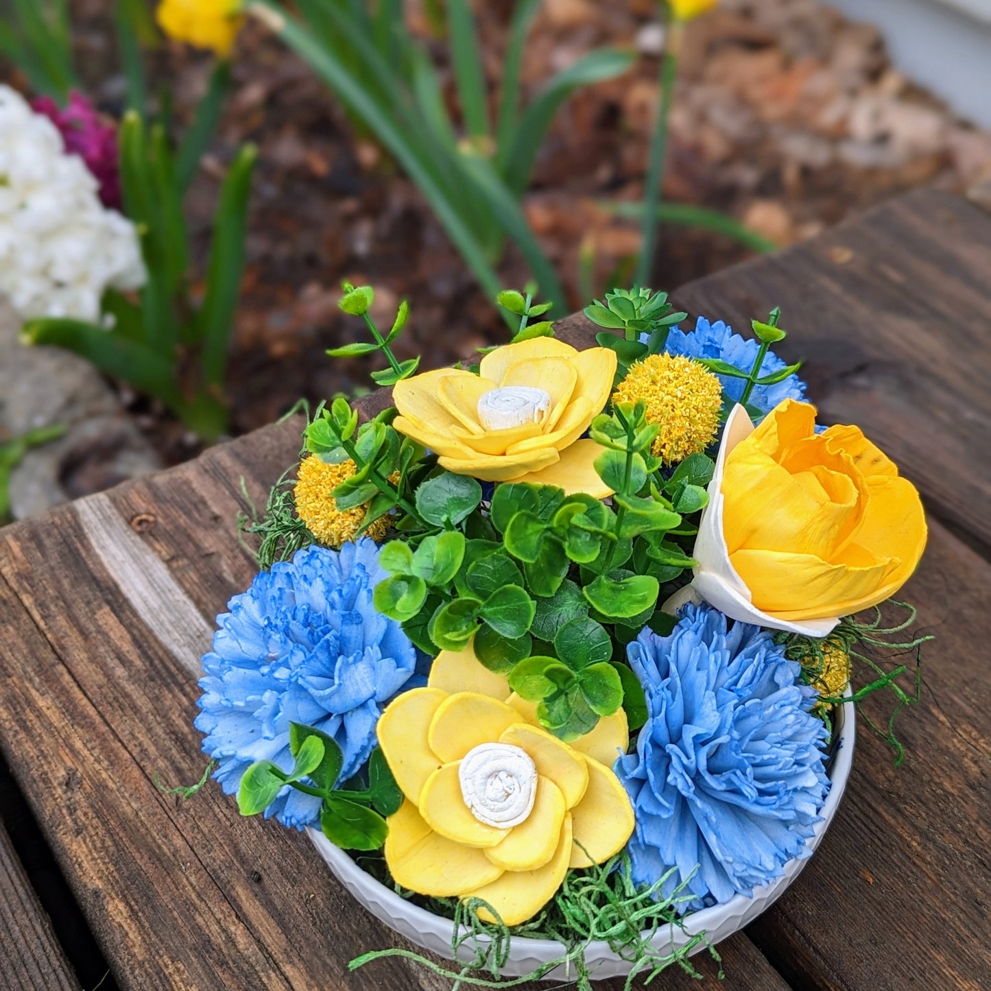 Vibrant Sola Wood Flowers: Blue and Yellow Centrepiece
