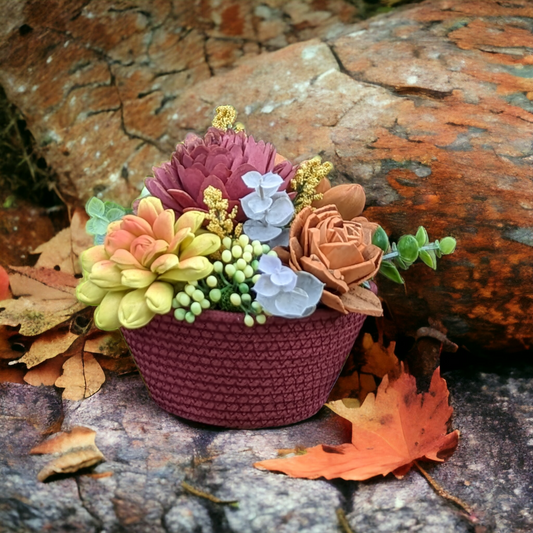 Autumn Splendor: Handcrafted Sola Wood Flower Arrangement in a Rope Red Bowl